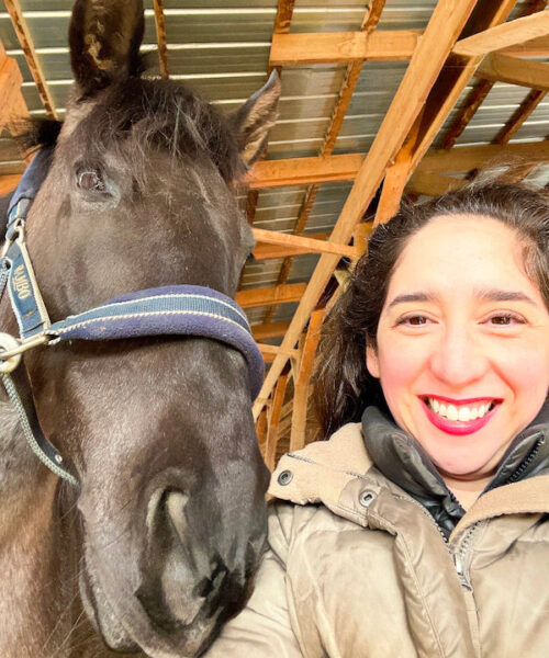 A woman smiling next to a grey horse.