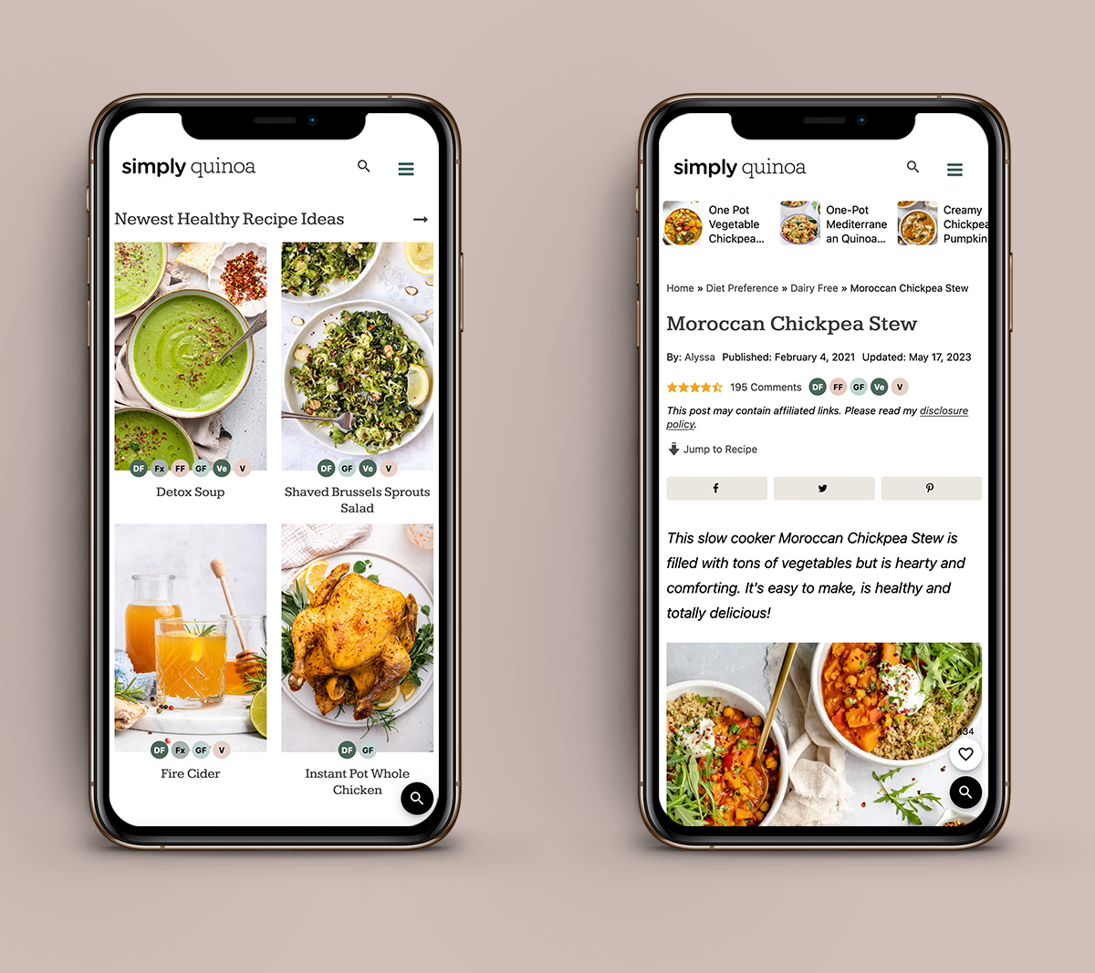 iPhone mockups of the Simply Quinoa website
